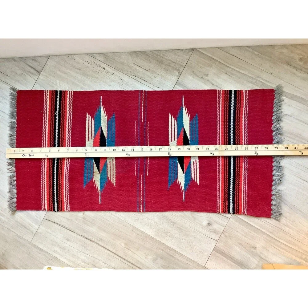 Hand Woven Southwest Wool Table Runner Wall Art Rug Red Geometric 13